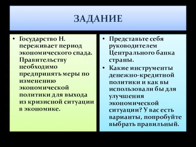 ЗАДАНИЕ Государство Н. переживает период экономического спада. Правительству необходимо предпринять