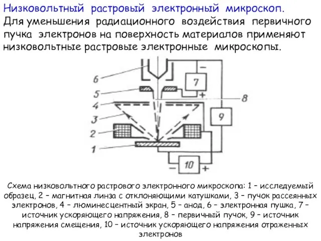 Низковольтный растровый электронный микроскоп. Для уменьшения радиационного воздействия первичного пучка