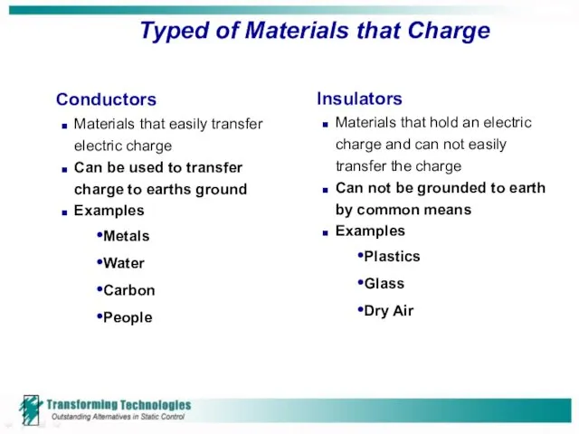 Typed of Materials that Charge Conductors Materials that easily transfer