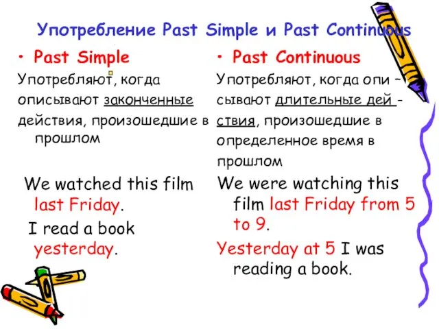 Употребление Past Simple и Past Continuous Past Simple Употребляют, когда