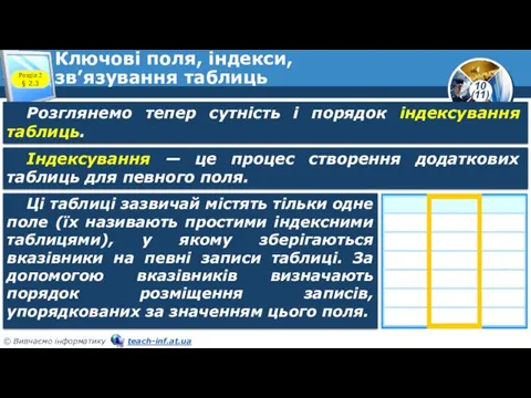 Ключові поля, індекси, зв’язування таблиць Розділ 2 § 2.3 Розглянемо