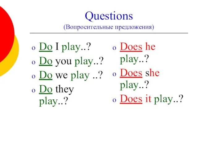 Questions (Вопросительные предложения) Do I play..? Do you play..? Do