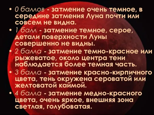 0 баллов - затмение очень темное, в середине затмения Луна