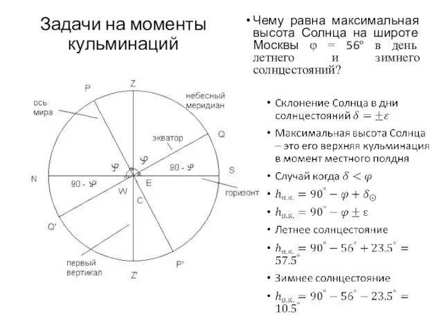 Задачи на моменты кульминаций Чему равна максимальная высота Солнца на широте Москвы φ