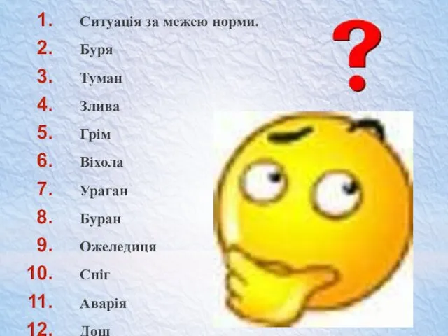 Ситуація за межею норми. Буря Туман Злива Грім Віхола Ураган