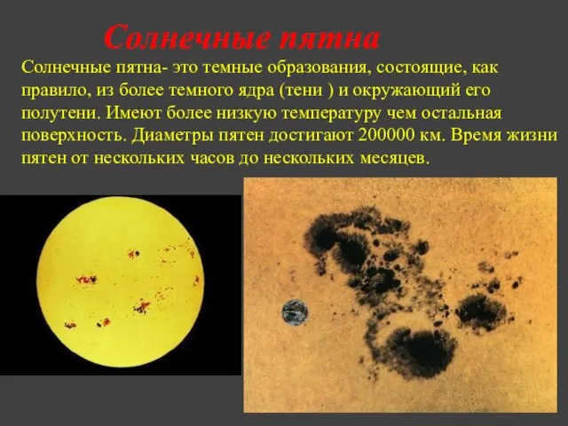 Солнечные пятна Солнечные пятна- это темные образования, состоящие, как правило,