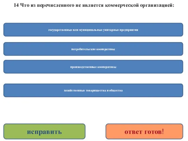 14 Что из перечисленного не является коммерческой организацией: потребительские кооперативы