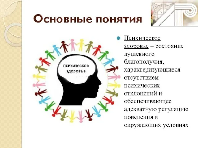 Основные понятия Психическое здоровье – состояние душевного благополучия, характеризующиеся отсутствием