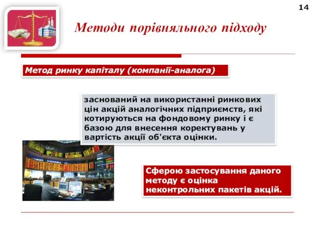 14 Методи порівняльного підходу Метод ринку капіталу (компанії-аналога) Сферою застосування