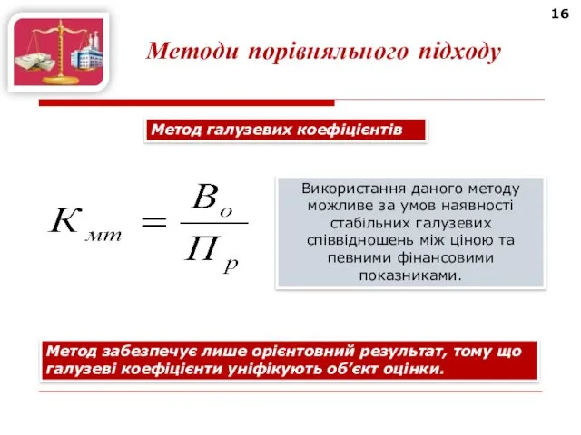 16 Методи порівняльного підходу Метод галузевих коефіцієнтів Використання даного методу