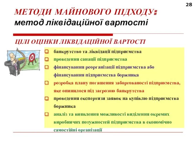 28 МЕТОДИ МАЙНОВОГО ПІДХОДУ: метод ліквідаційної вартості банкрутство та ліквідації