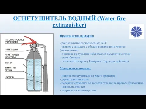 ОГНЕТУШИТЕЛЬ ВОДНЫЙ (Water fire extinguisher) Предполетная проверка: - расположение согласно