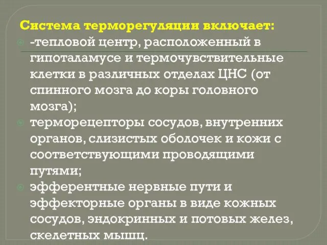 Система терморегуляции включает: -тепловой центр, расположенный в гипоталамусе и термочувствительные