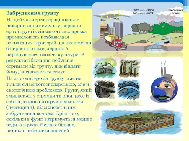 Забруднення ґрунту На цей час через нераціональне використання земель, утворення