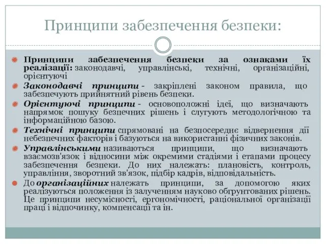 Принципи забезпечення безпеки: Принципи забезпечення безпеки за ознаками їх реалізації: