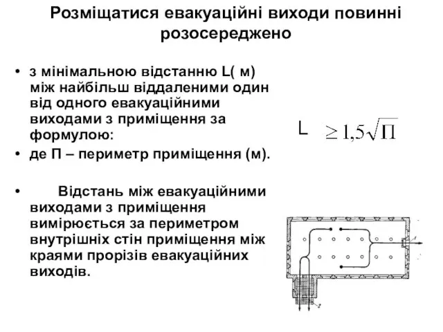 Розміщатися евакуаційні виходи повинні розосереджено з мінімальною відстанню L( м)