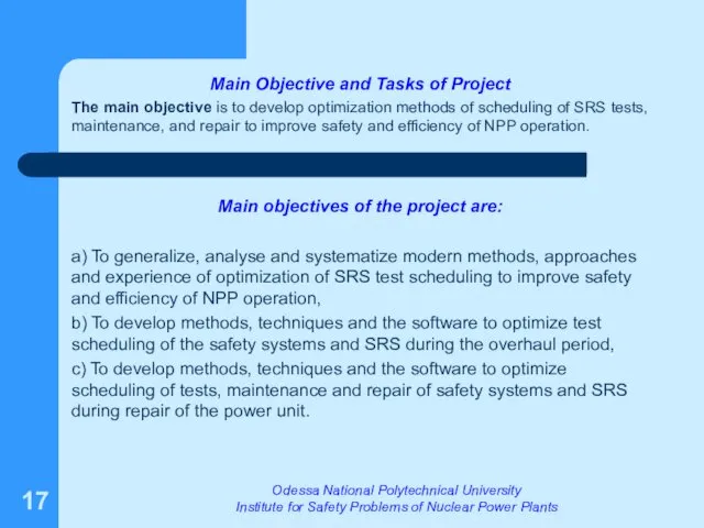 Main Objective and Tasks of Project The main objective is