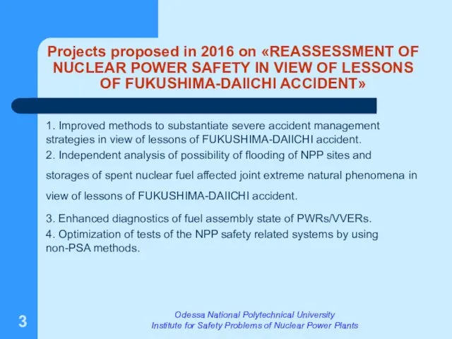 Projects proposed in 2016 on «REASSESSMENT OF NUCLEAR POWER SAFETY