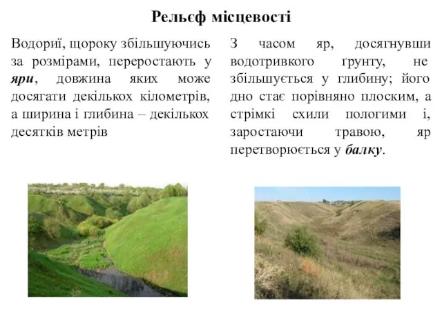 Рельєф місцевості Водориї, щороку збільшуючись за розмірами, переростають у яри,