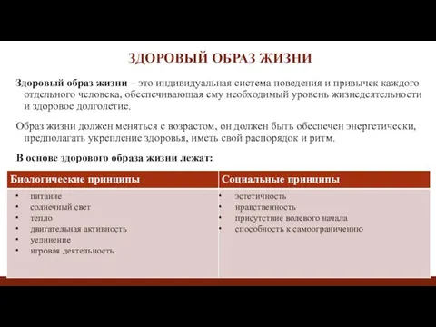 ЗДОРОВЫЙ ОБРАЗ ЖИЗНИ Здоровый образ жизни – это индивидуальная система