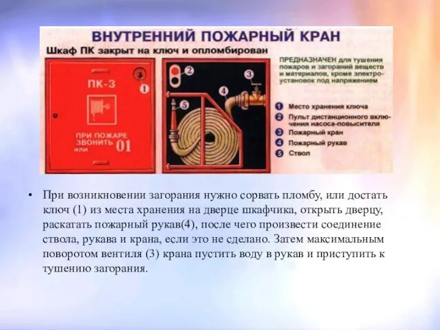 При возникновении загорания нужно сорвать пломбу, или достать ключ (1)