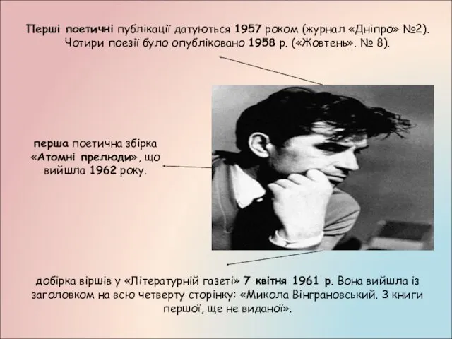 Перші поетичні публікації датуються 1957 роком (журнал «Дніпро» №2). Чотири