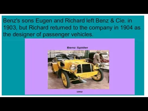 Benz's sons Eugen and Richard left Benz & Cie. in 1903, but Richard