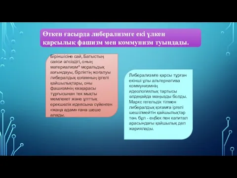 Өткен ғасырда либерализмге екі үлкен қарсылық фашизм мен коммунизм туындады.