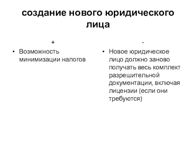 создание нового юридического лица + Возможность минимизации налогов - Новое