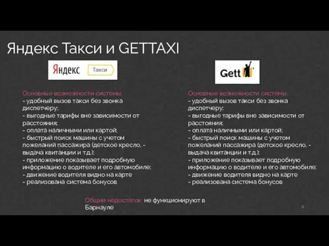 Яндекс Такси и GETTAXI Основные возможности системы: - удобный вызов