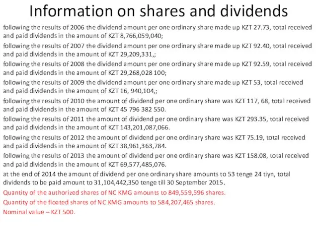 Information on shares and dividends following the results of 2006