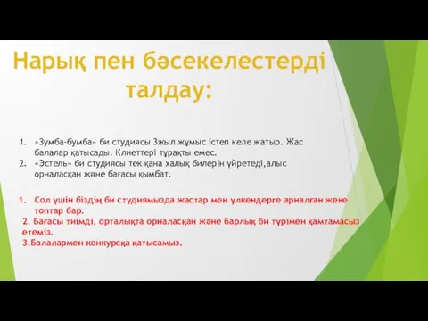 Нарық пен бәсекелестерді талдау: «Зумба-бумба» би студиясы 3жыл жұмыс істеп