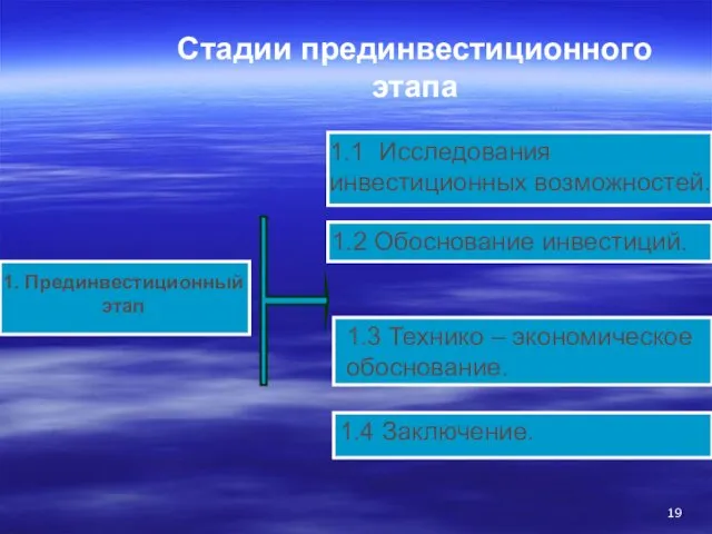 1. Прединвестиционный этап 1.1 Исследования инвестиционных возможностей. 1.2 Обоснование инвестиций. 1.3 Технико –