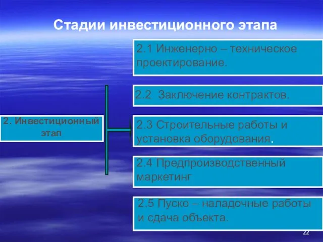 2. Инвестиционный этап 2.1 Инженерно – техническое проектирование. 2.2 Заключение контрактов. 2.3 Строительные