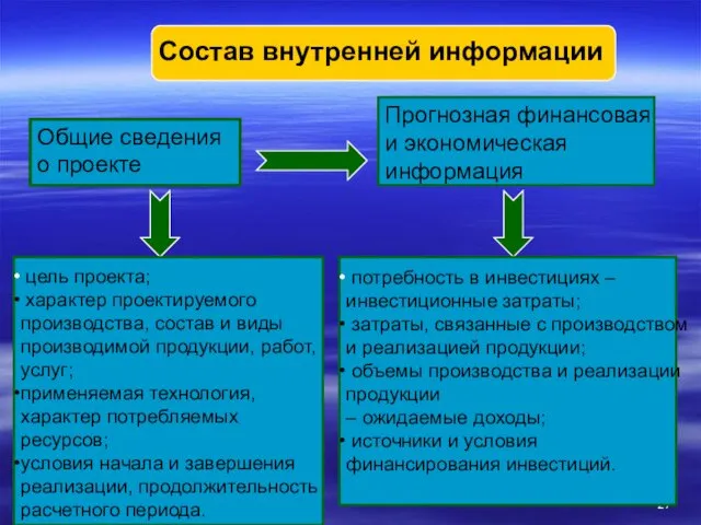 Состав внутренней информации Общие сведения о проекте цель проекта; характер