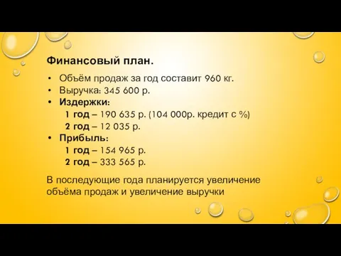 Финансовый план. Объём продаж за год составит 960 кг. Выручка: