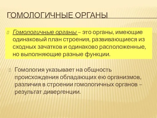 ГОМОЛОГИЧНЫЕ ОРГАНЫ Гомологичные органы – это органы, имеющие одинаковый план