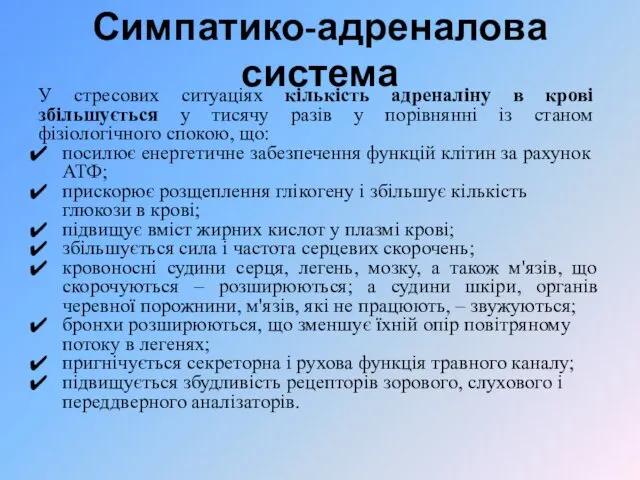 Симпатико-адреналова система У стресових ситуаціях кількість адреналіну в крові збільшується