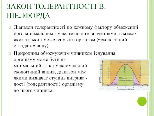 ЗАКОН ТОЛЕРАНТНОСТІ В.ШЕЛФОРДА Діапазон толерантності по кожному фактору обмежений його