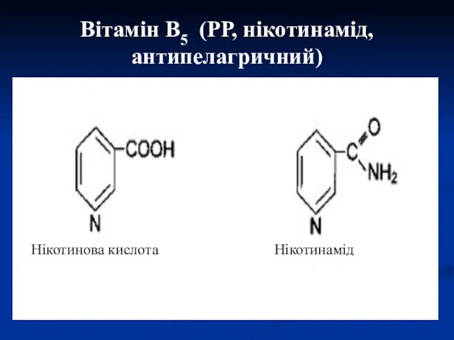 Вітамін В5 (РР, нікотинамід, антипелагричний) Нікотинова кислота Нікотинамід