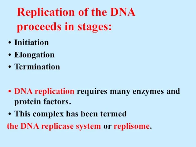 Replication of the DNA proceeds in stages: Initiation Elongation Termination