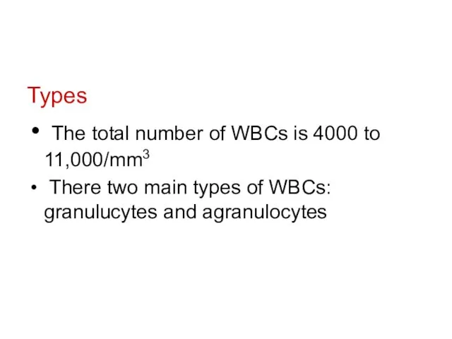 Types The total number of WBCs is 4000 to 11,000/mm3