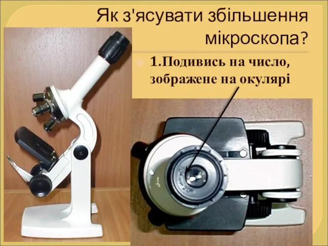 Як з'ясувати збільшення мікроскопа? 1.Подивись на число, зображене на окулярі