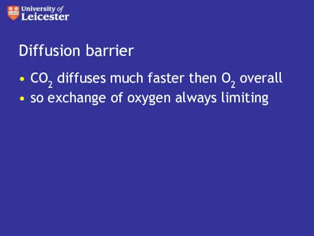 Diffusion barrier CO2 diffuses much faster then O2 overall so exchange of oxygen always limiting