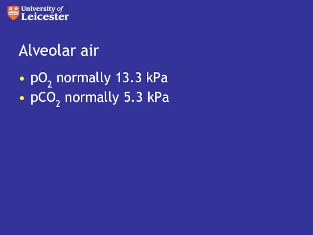 Alveolar air pO2 normally 13.3 kPa pCO2 normally 5.3 kPa