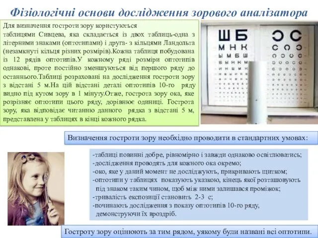 Фізіологічні основи дослідження зорового аналізатора Для визначення гостроти зору користуються таблицями Сивцева, яка