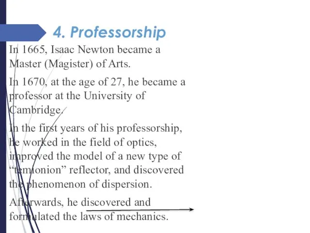4. Professorship In 1665, Isaac Newton became a Master (Magister) of Arts. In
