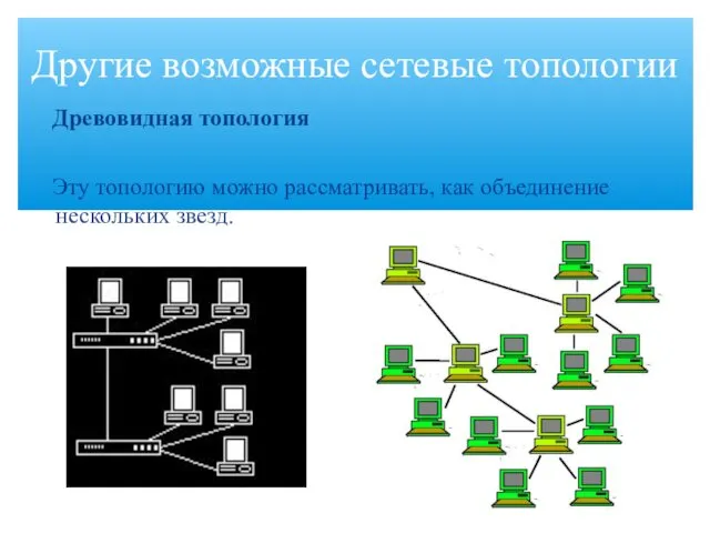 Древовидная топология Эту топологию можно рассматривать, как объединение нескольких звезд. Другие возможные сетевые топологии