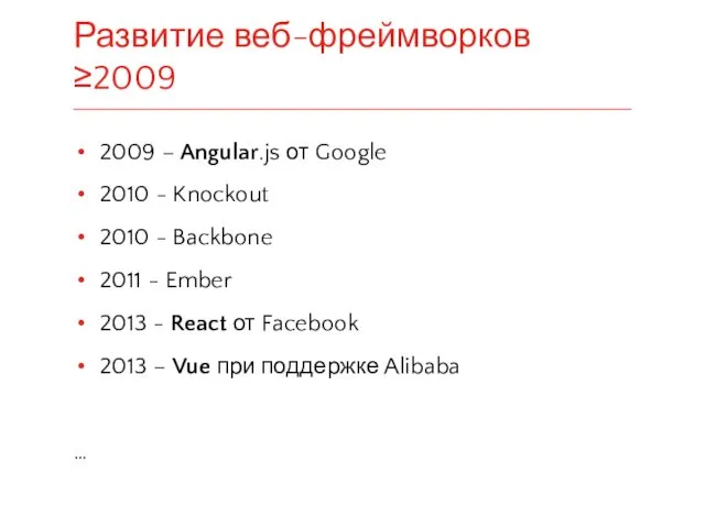 2009 – Angular.js от Google 2010 - Knockout 2010 -