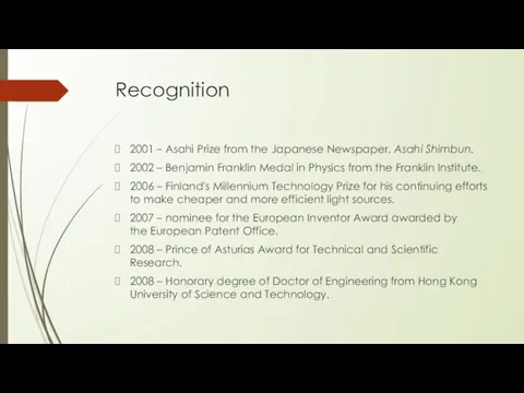 Recognition 2001 – Asahi Prize from the Japanese Newspaper, Asahi